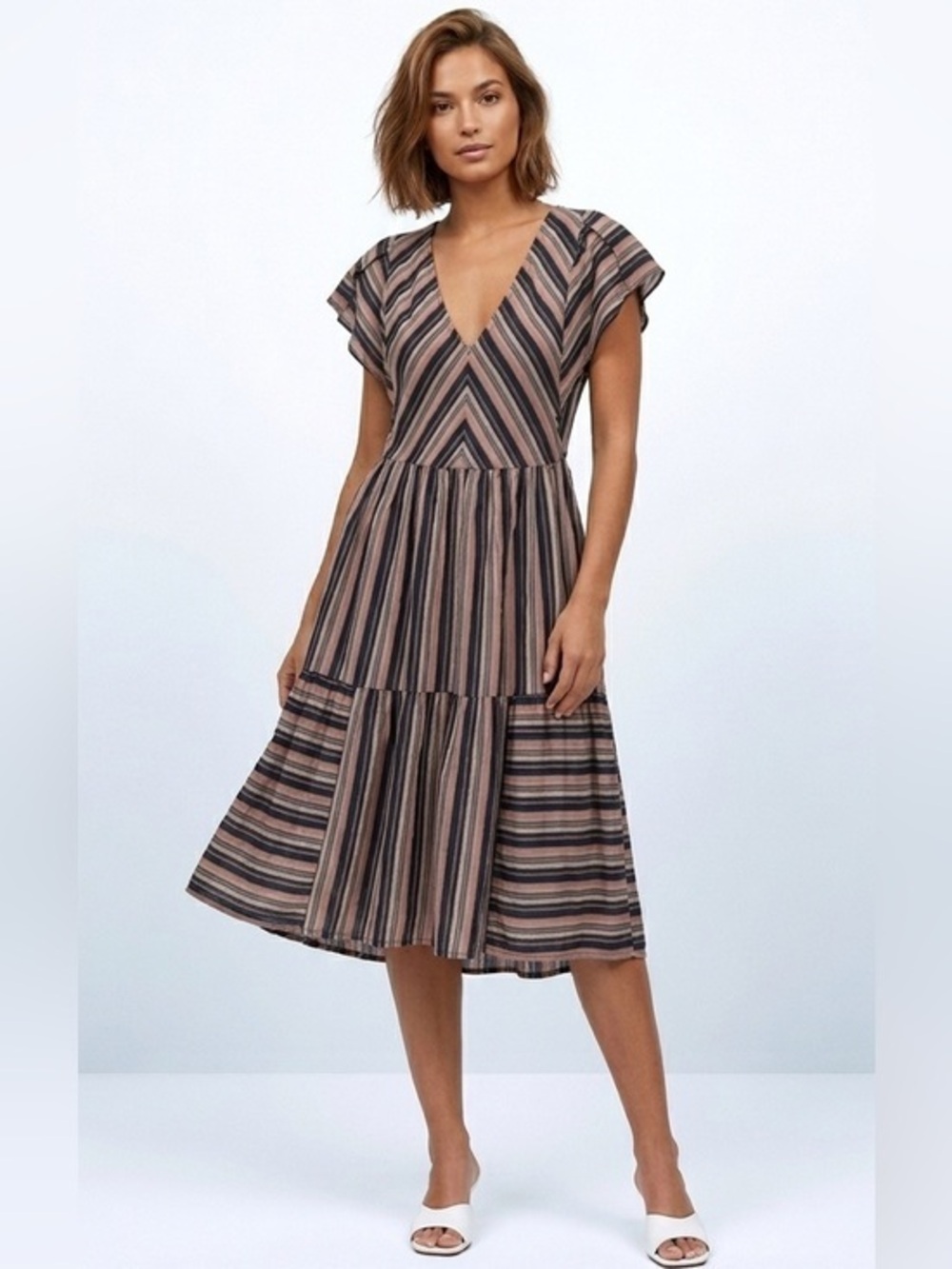 Luck Brand Short Sleeve Striped Midi Dress Size Extra Small Cotton Blend Lined